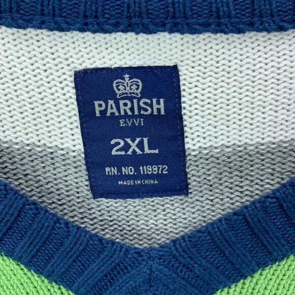 Parish Nation Sweater Mens 2XL‎ Blue Green Pullover Striped Long Sleeve V Neck - Picture 15 of 16